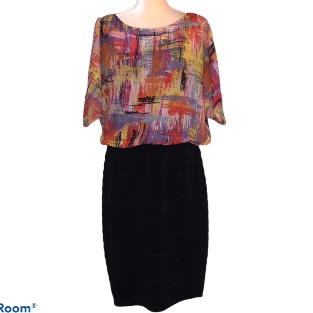 🦋 London Times Colorful Abstract Print & Black Dress, size 14 - Picture 1 of 8